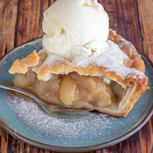 A slice of Dutch oven apple pie topped with a scoop of vanilla ice cream.