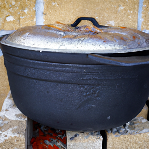 A cast iron Dutch oven placed on hot charcoal briquettes, ready for cooking delicious BBQ chicken.